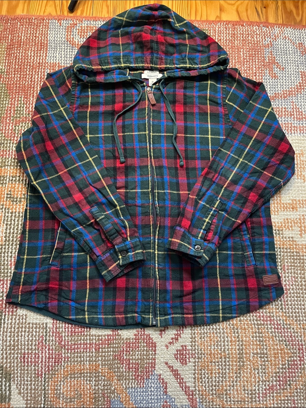 LL Bean Scotch Plaid Flannel Hoodie Jacket Relaxed Fit M Petite Green Red Zip Up